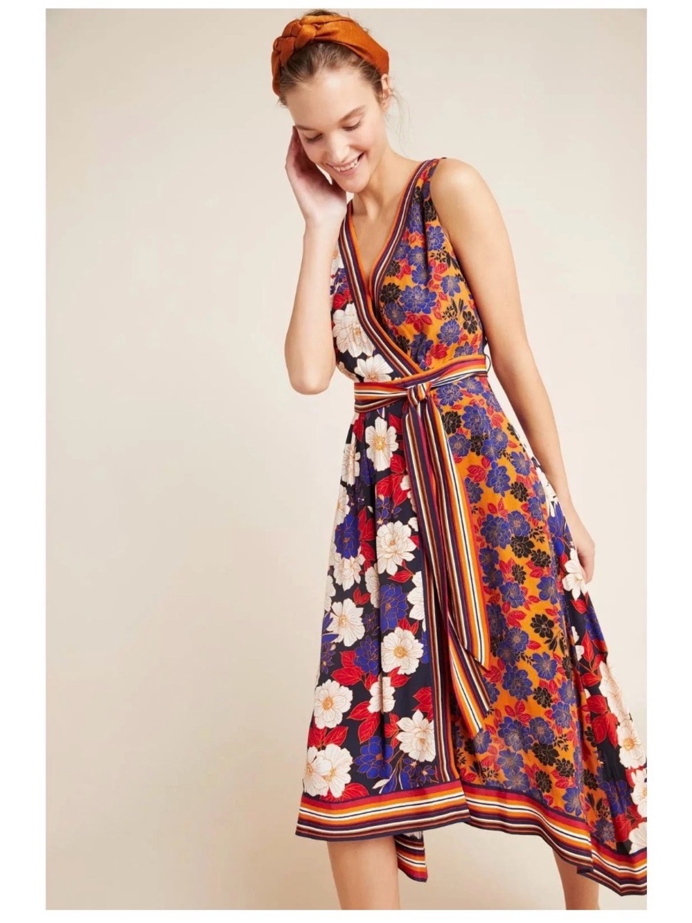 Anthropologie Maeve Cassandra Mixed Print Floral Midi Dress Striped SEE NOTE
